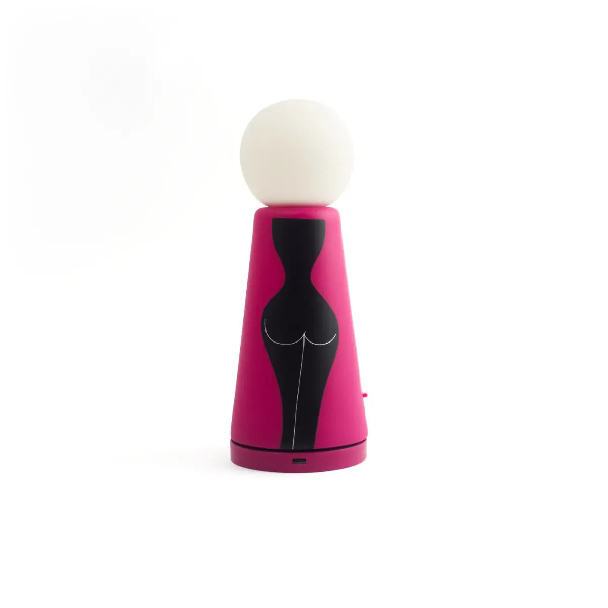 Vista posteriore della lampada da tavolo Eva a forma conica con sfera luminosa. Base fucsia com figura femminile nera. Sfondo bianco 