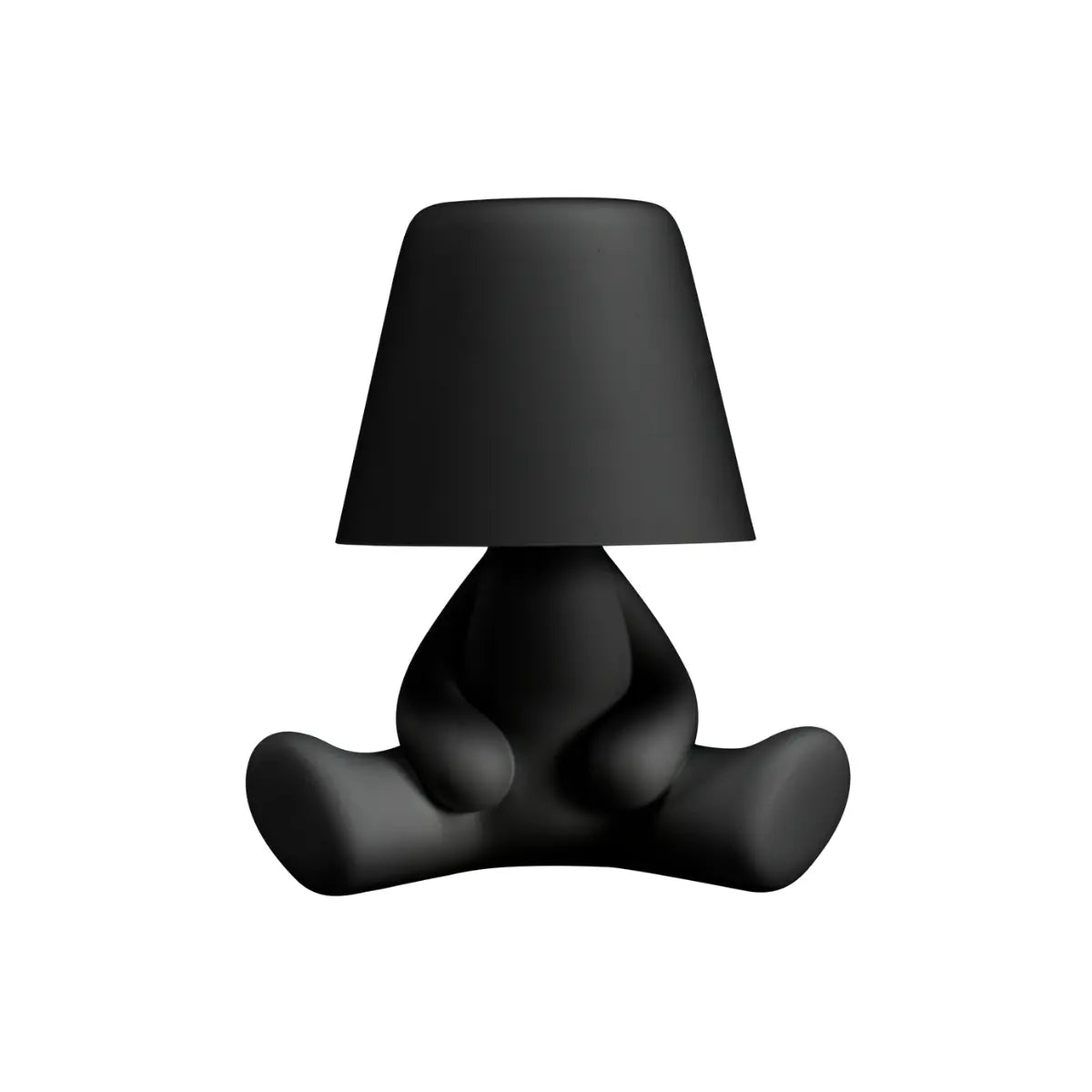 Lampada nera a forma di personaggio stilizzato seduto a gambe aperte con la testa a paralume
