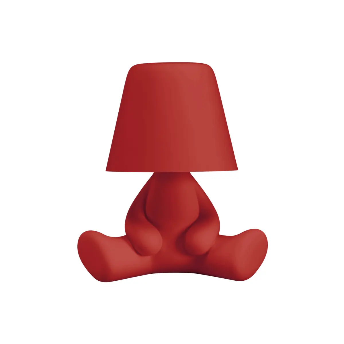 Lampada rossa a forma di personaggio stilizzato seduto a gambe aperte con la testa a paralume