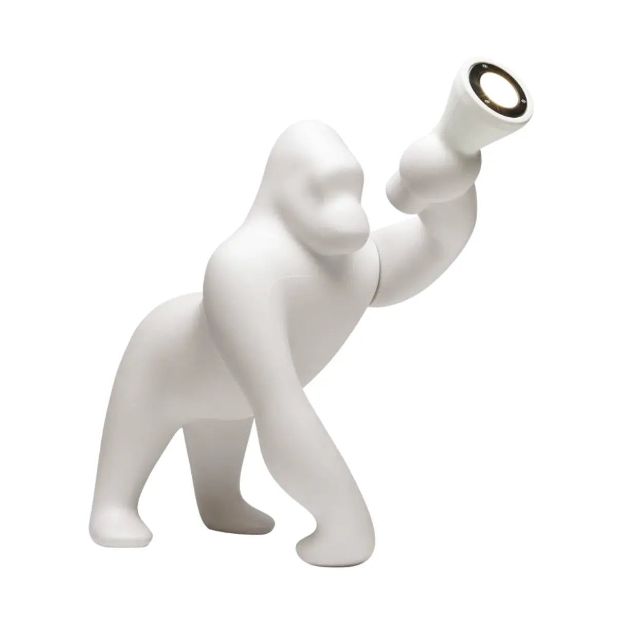 Lampada da terra Kong a forma di gorilla nella colorazione bianco. Sfondo bianco 