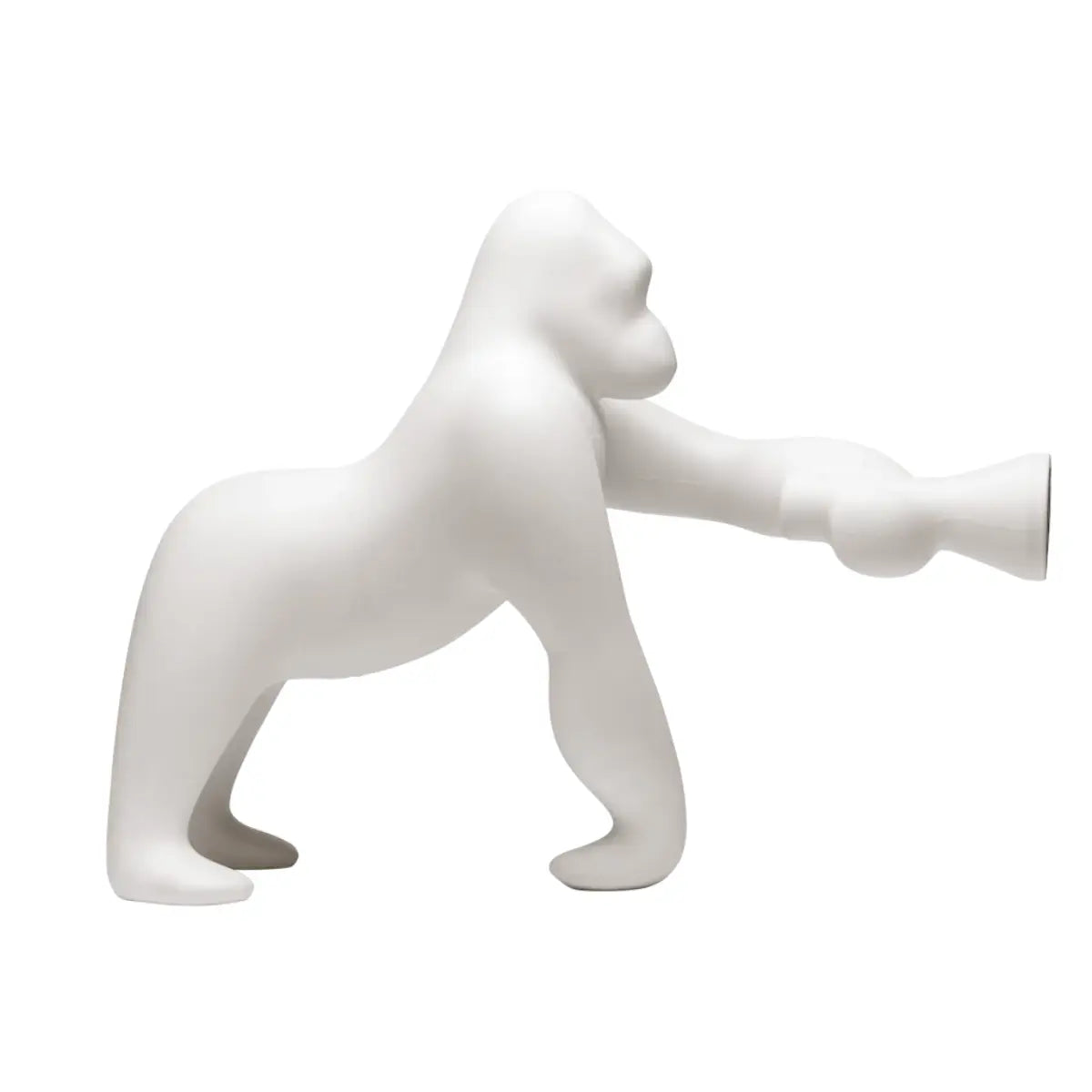Lampada da terra Kong a forma di gorilla nella colorazione bianco. Sfondo bianco 