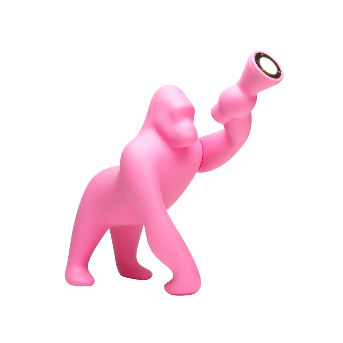 Lampada rosa a forma di King Kong con un braccio esteso che sorregge una torcia