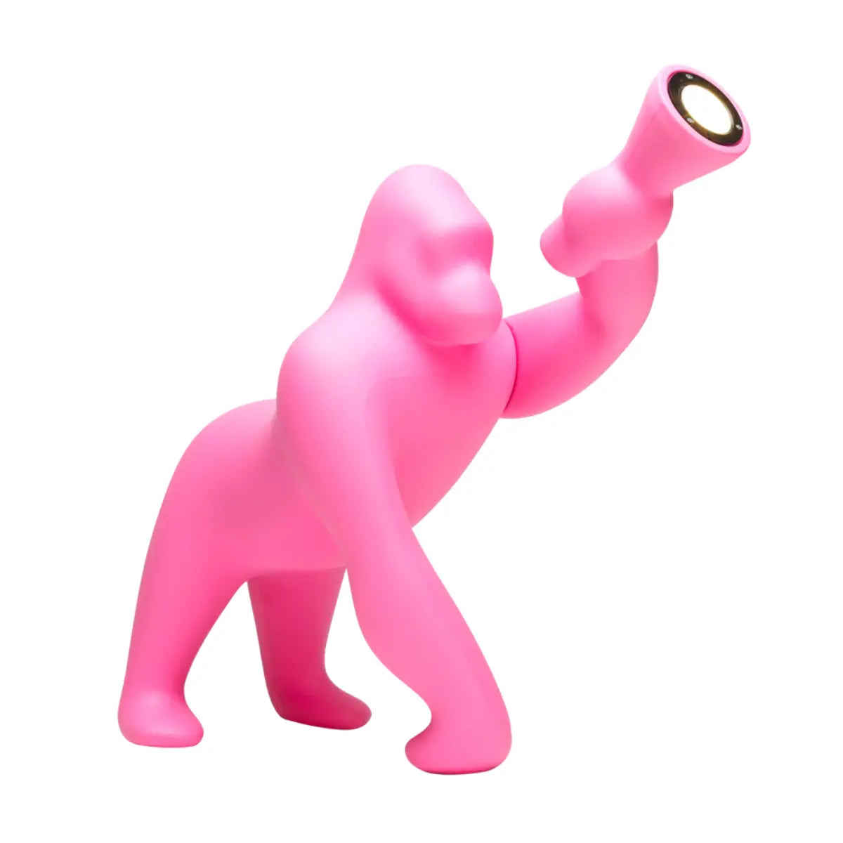 Lampada da terra Kong a forma di gorilla nella colorazione rosa. Sfondo bianco 