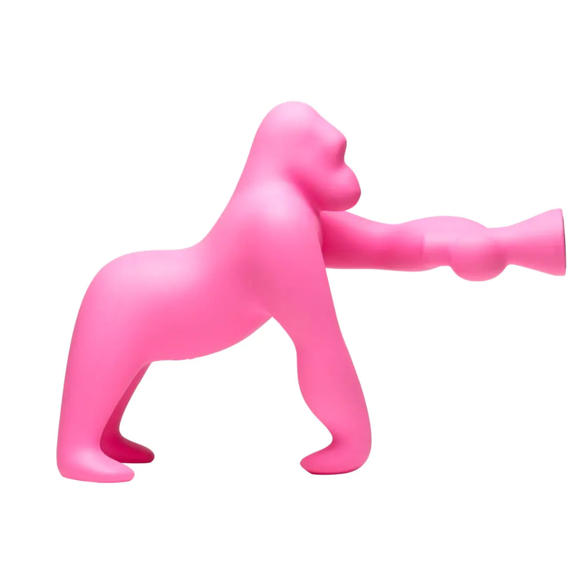 Lampada da terra Kong a forma di gorilla nella colorazione rosa. Sfondo bianco 