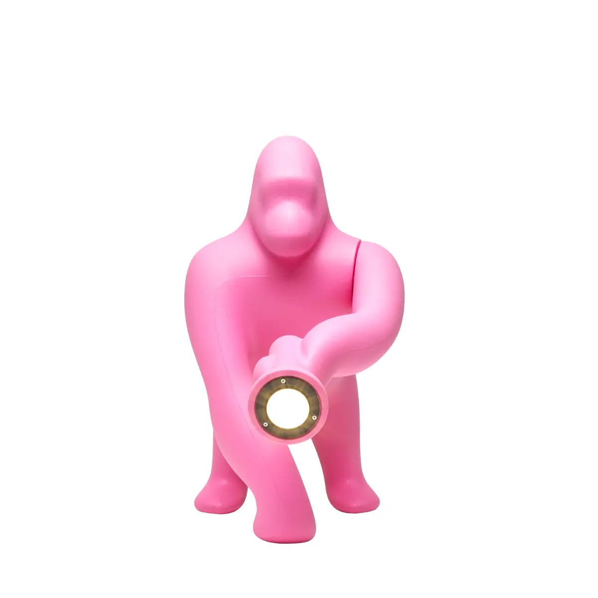 Lampada rosa a forma di King Kong con un braccio esteso che sorregge una torcia frontale