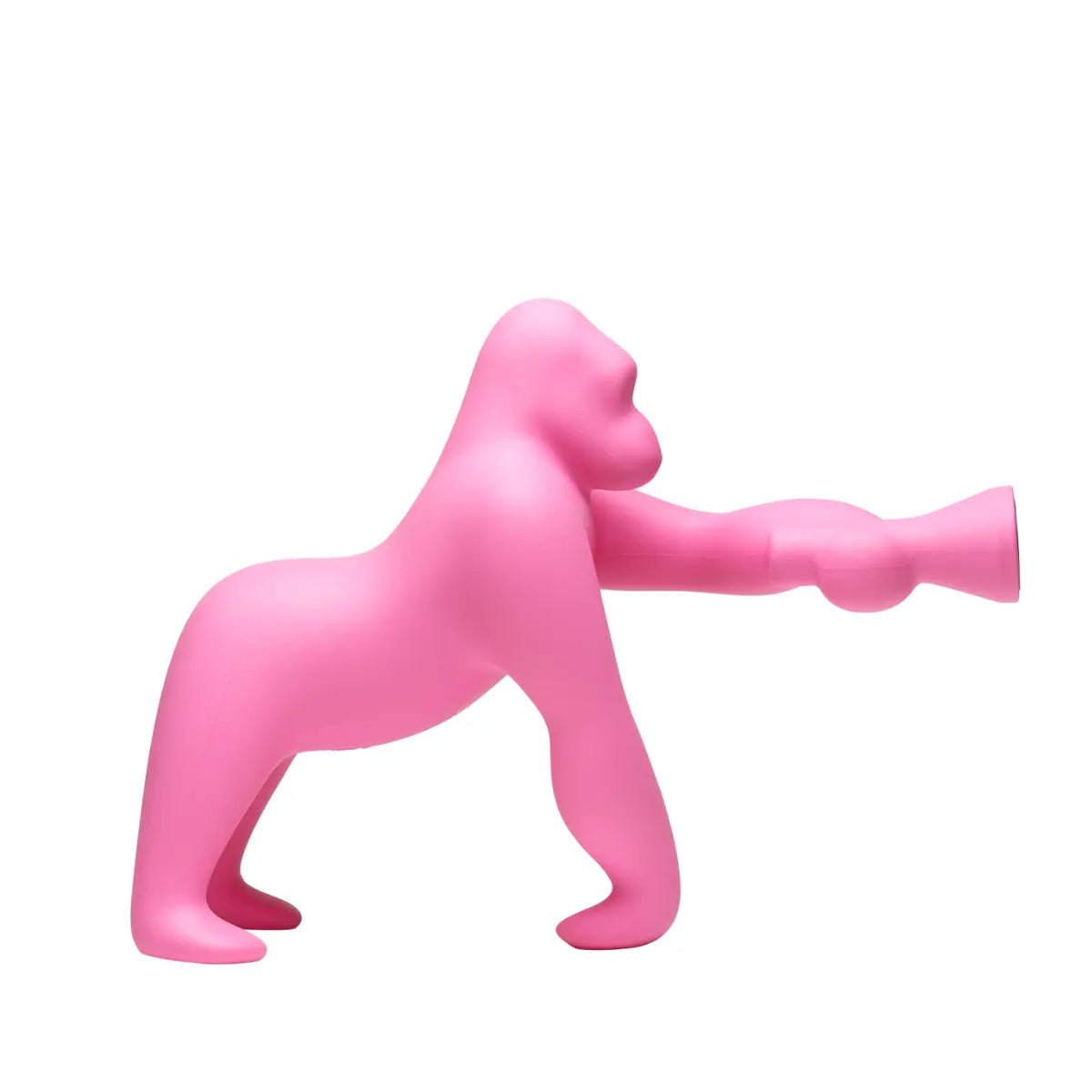 Lampada rosa a forma di King Kong con un braccio esteso che sorregge una torcia laterale