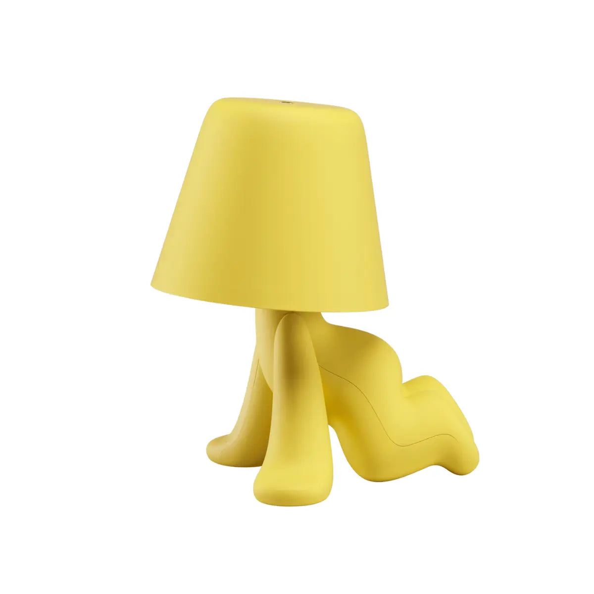 Lampada gialla a forma di personaggio stilizzato a gattoni con la testa a paralume