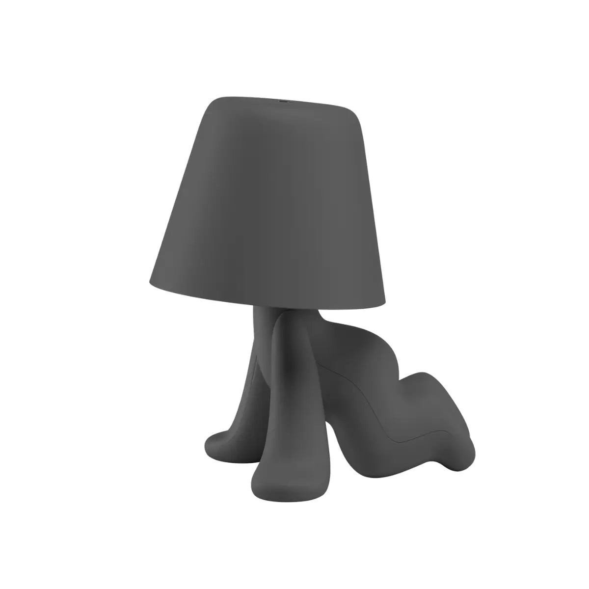 Lampada nera a forma di personaggio stilizzato a gattoni con la testa a paralume