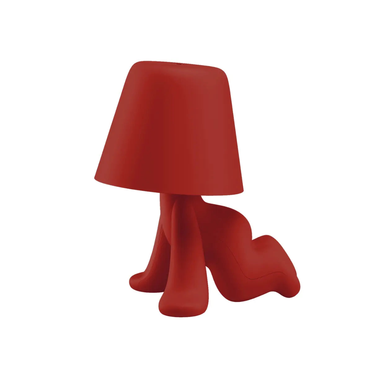 Lampada rossa a forma di personaggio stilizzato a gattoni con la testa a paralume