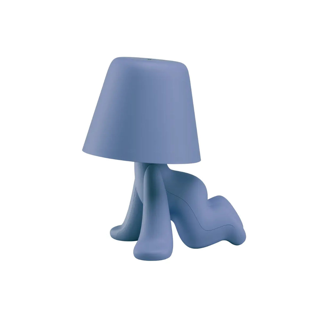 Lampada celeste con struttura a forma di personaggio a gattoni con la testa a forma di paralume
