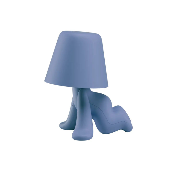 Lampada celeste con struttura a forma di personaggio a gattoni con la testa a forma di paralume
