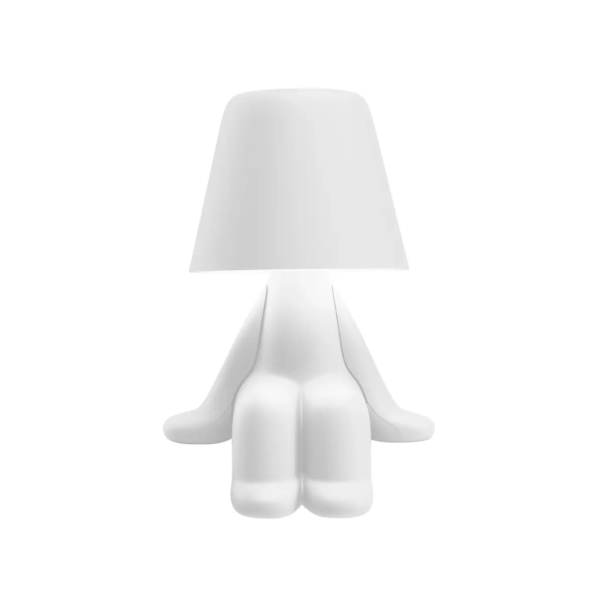 Lampada bianca a forma di personaggio stilizzato seduto, con la testa a paralume