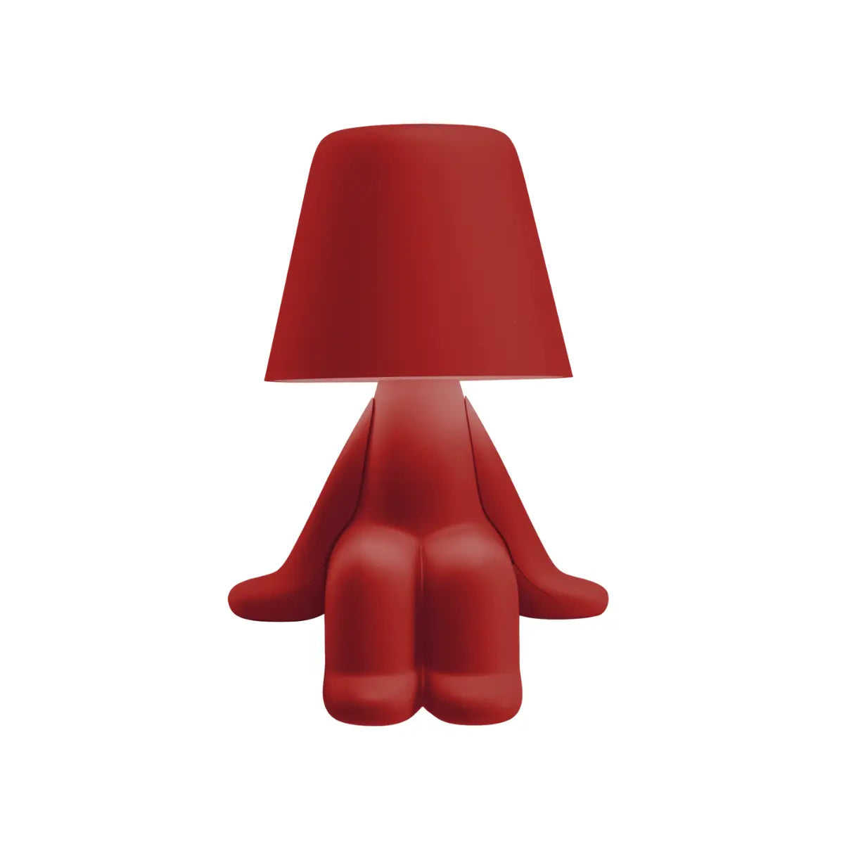 Lampada rossa a forma di personaggio stilizzato seduto, con la testa a paralume
