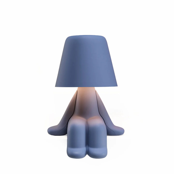 Lampada celeste con struttura a forma di personaggio seduto con la testa a forma di paralume

