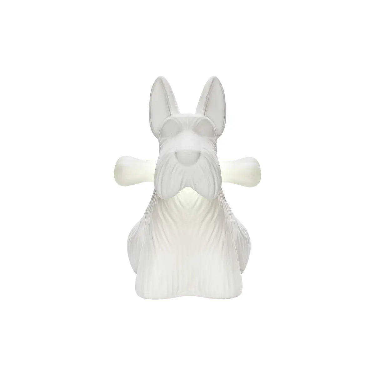 Lampada a forma di cane bianco con collare rosso e osso in bocca che si illumina