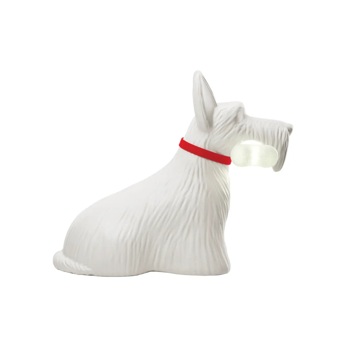 Lampada a forma di cane bianco con collare rosso e osso in bocca che si illumina
LampadaScottieBiancoProfilo