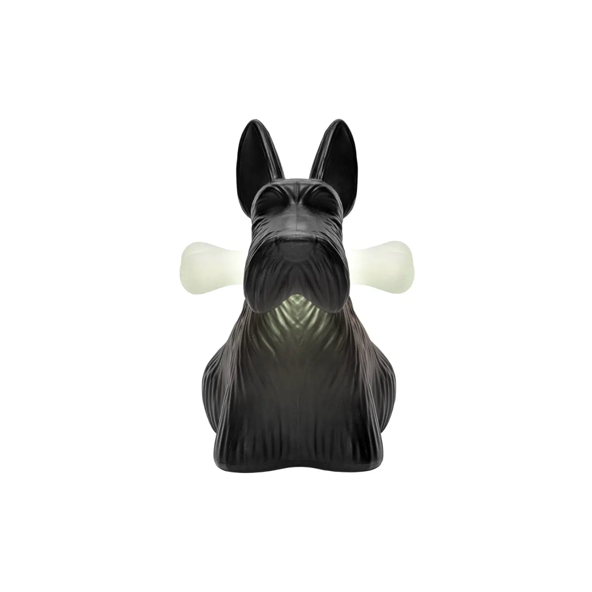 Lampada a forma di cane nero con collare rosso e osso in bocca che si illumina