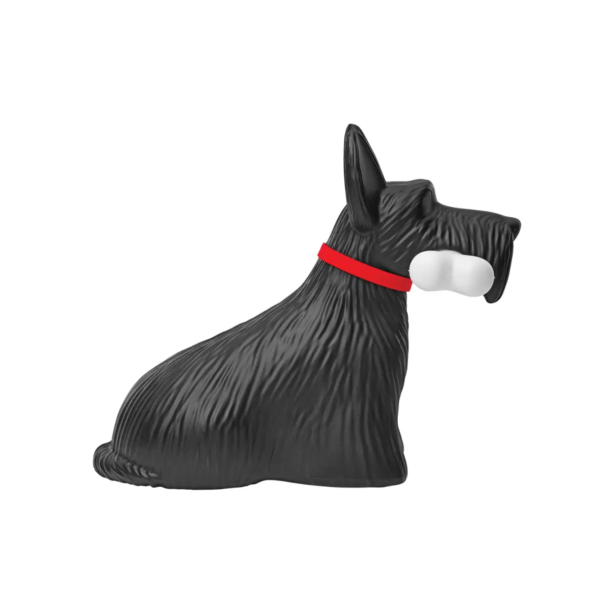 Lampada a forma di cane nero con collare rosso e osso in bocca che si illumina