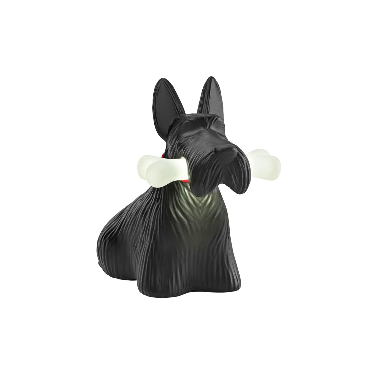 Lampada a forma di cane nero con collare rosso e osso in bocca che si illumina