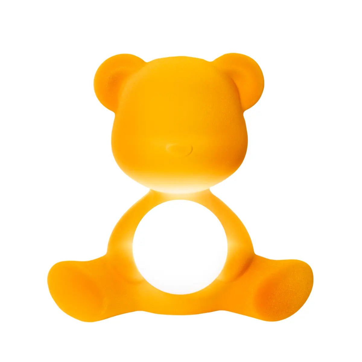 Lampada a forma di orsetto giallo con sfera che s'illumina al centro di Qeeboo