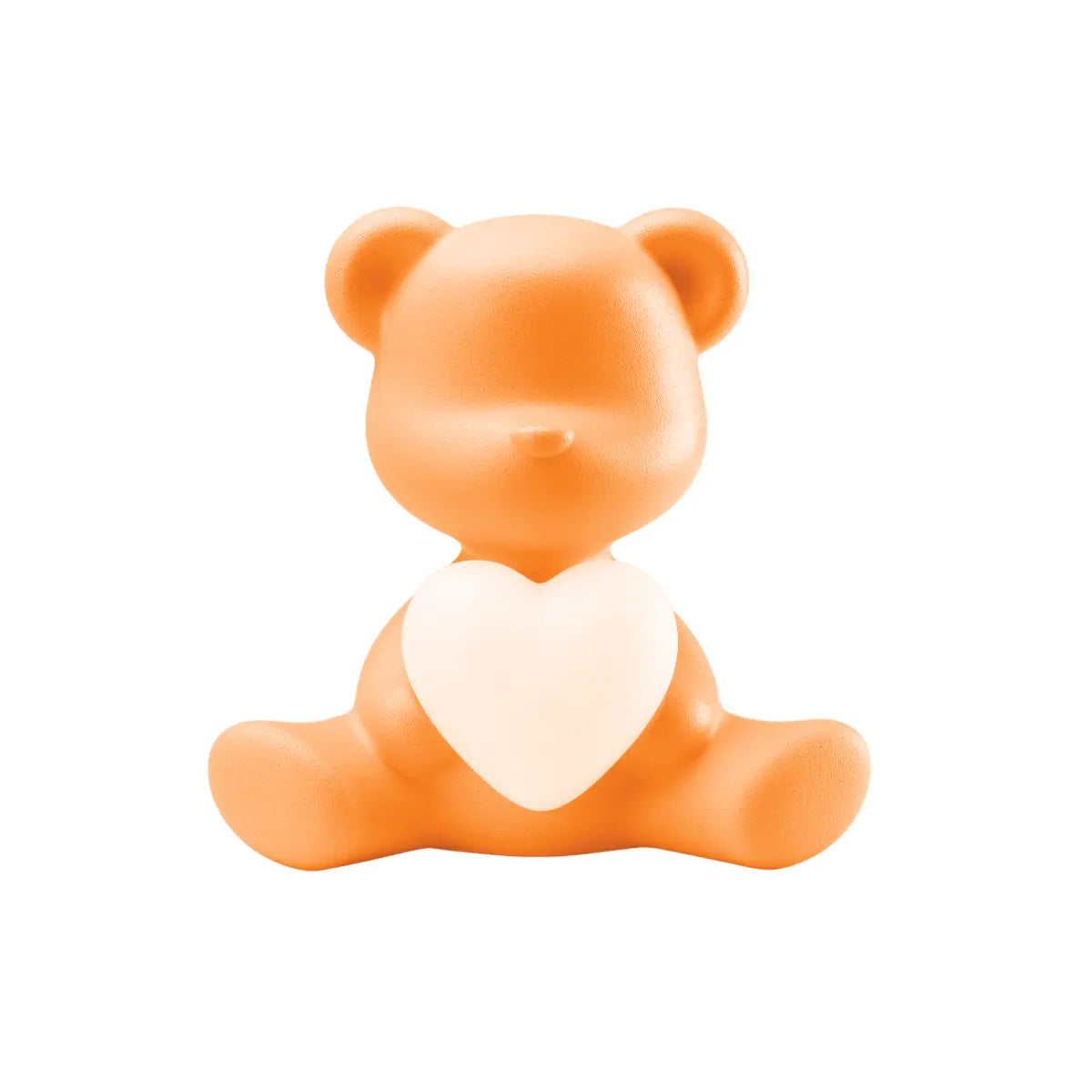 Lampada a forma di orsetto arancione che sorregge un cuore luminoso tra le zampe