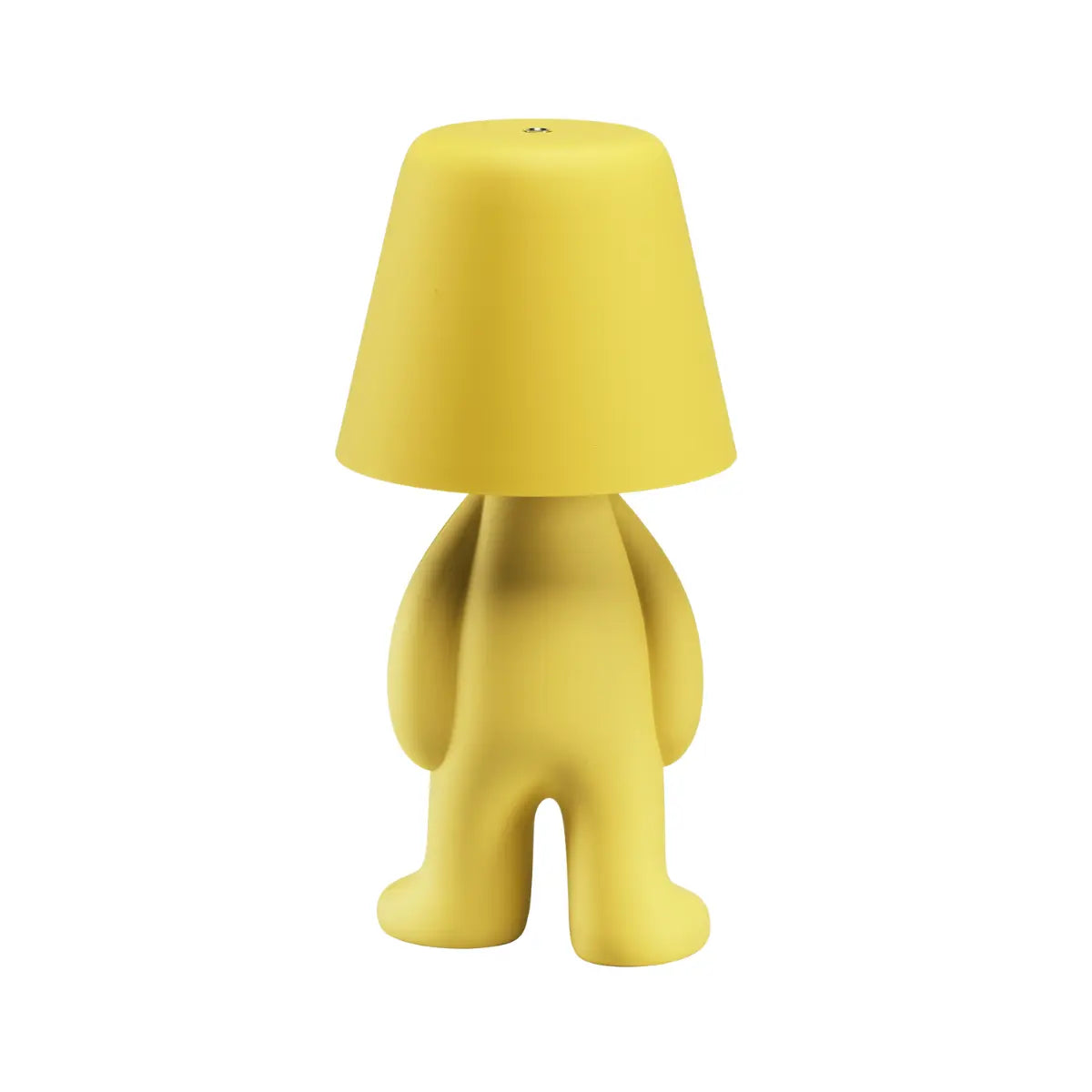 Lampada color giallo a forma di personaggio stilizzato, con la testa a paralume