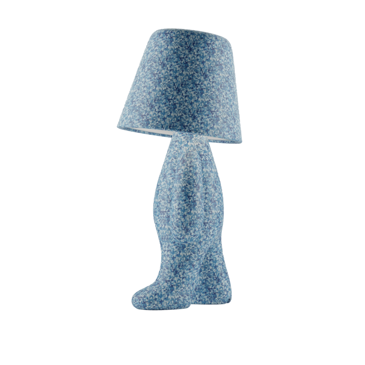 Lampada blu con puntini bianchi a forma di personaggio in piedi con la testa a paralume vista laterale.