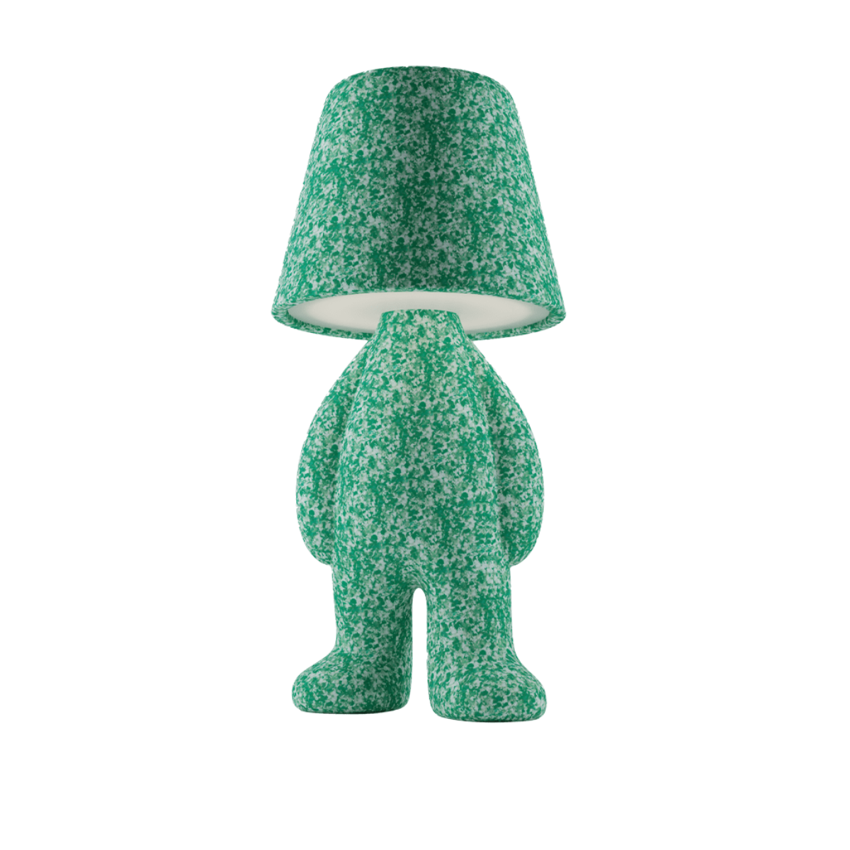 Lampada verde con puntini bianchi a forma di personaggio in piedi con la testa a paralume.