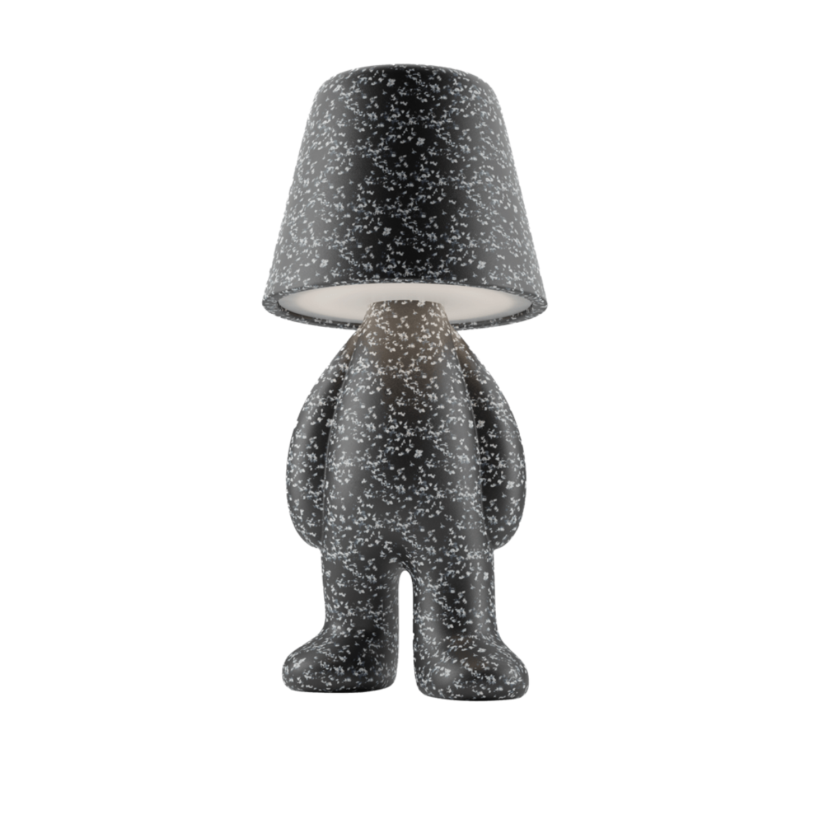 Lampada nera con puntini bianchi a forma di personaggio in piedi con la testa a paralume.