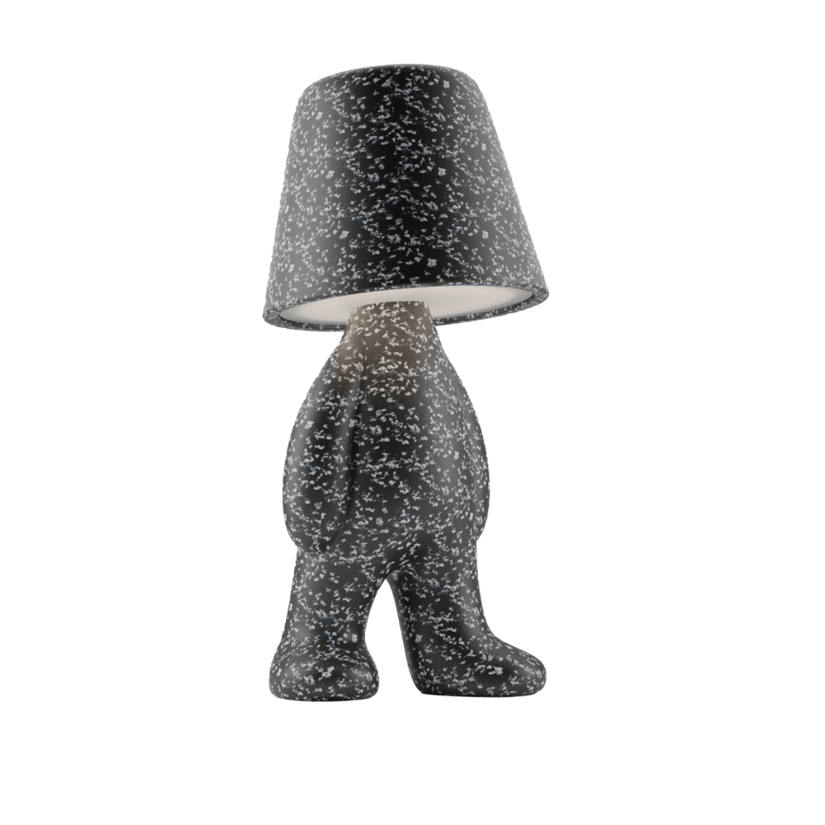 Lampada nera con puntini bianchi a forma di personaggio in piedi con la testa a paralume vista laterale.