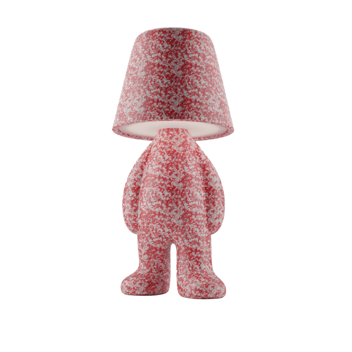 Lampada rossa con puntini bianchi a forma di personaggio in piedi con la testa a paralume.
