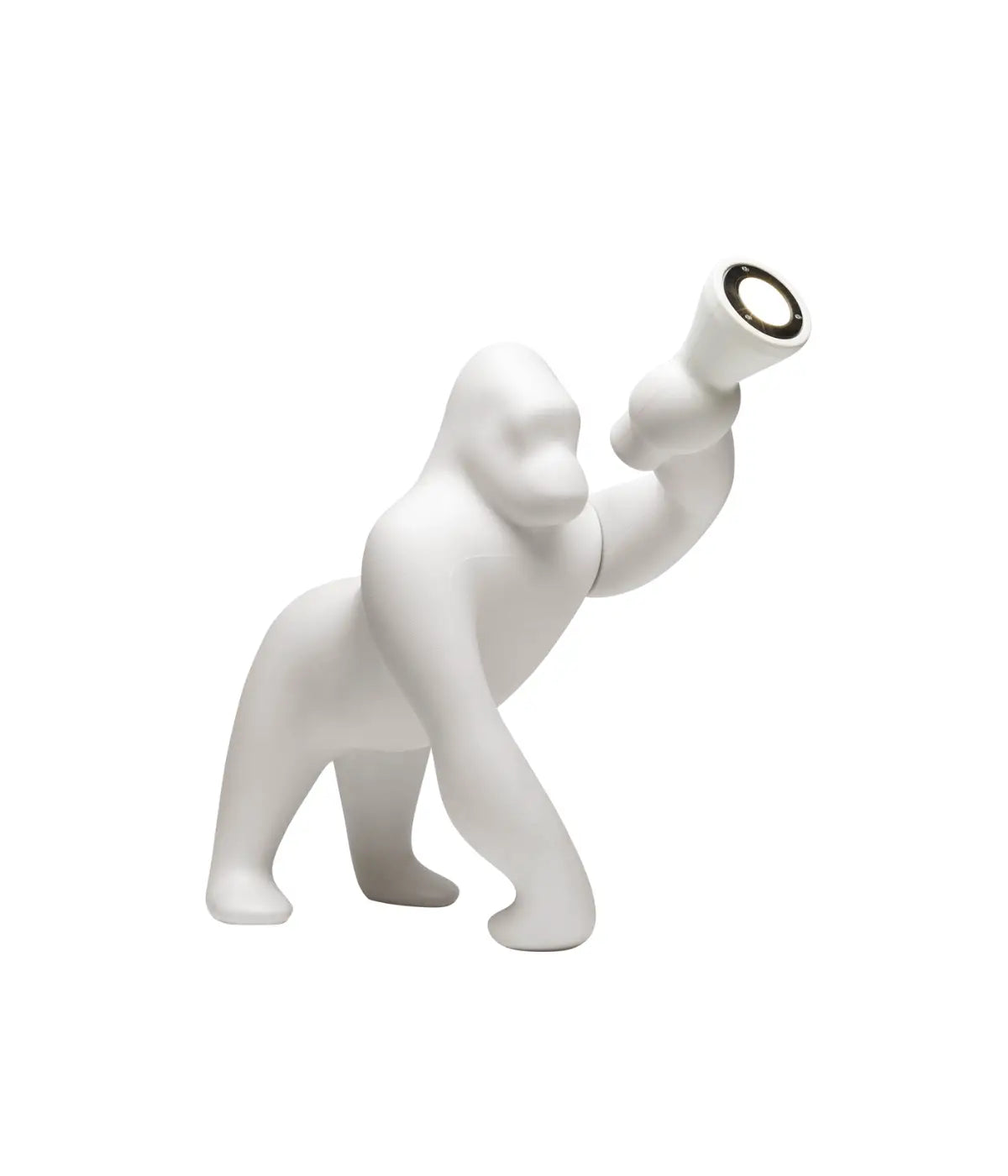 Lampada a forma di King Kong bianca. Un braccio contiene in fondo la luce. Immagine su sfondo bianco