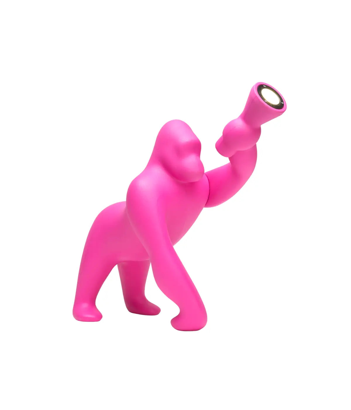 Lampada a forma di King Kong fuxia. Un braccio contiene in fondo la luce. Immagine su sfondo bianco