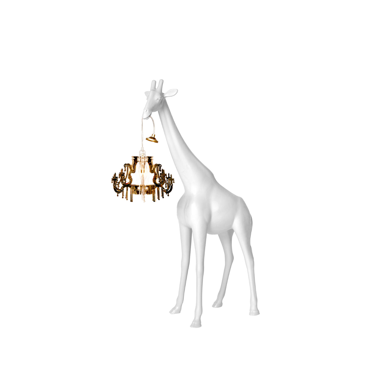 Lampada bianca giraffa leggermente di lato, su sfondo bianco 