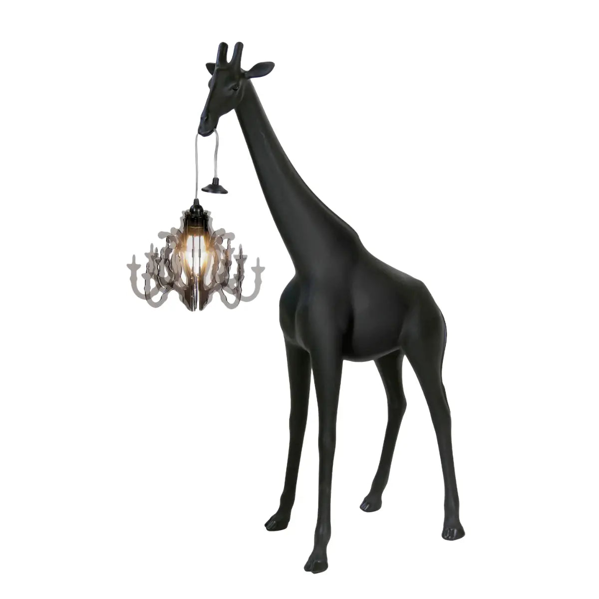 Lampada nera giraffa di qeeboo, vista laterale su sfondo bianco 