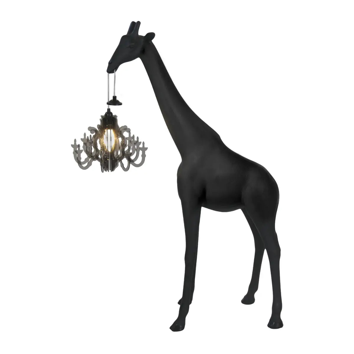 Lampada nera giraffa di qeeboo, vista laterale su sfondo bianco 