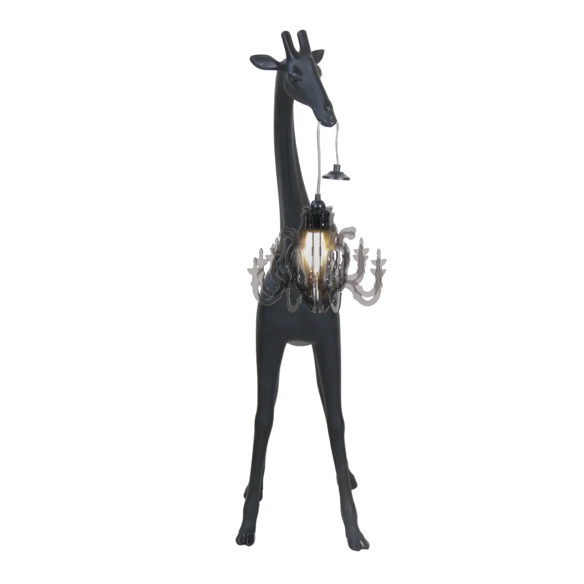 Lampada nera giraffa di qeeboo, vista frontale su sfondo bianco 