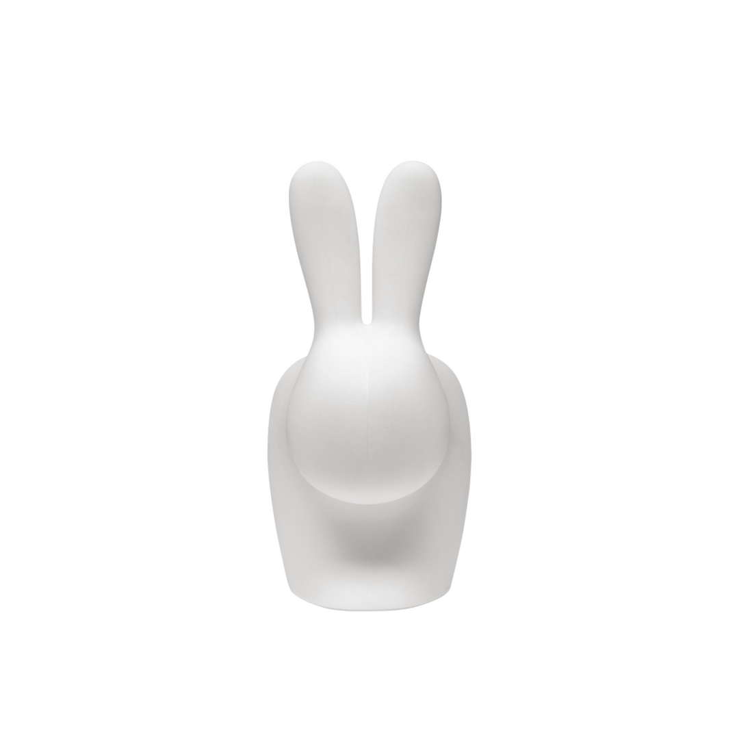 lampada bianca a forma di coniglio, vista frontale su sfondo bianco