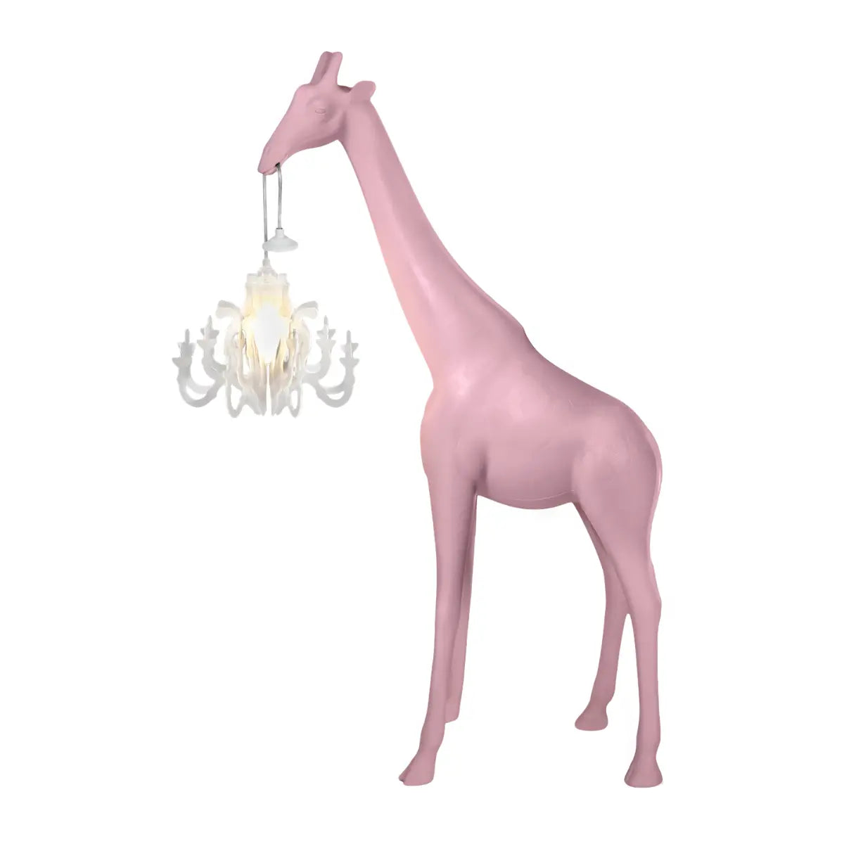 Lampada rosa giraffa di qeeboo, vista laterale su sfondo bianco 