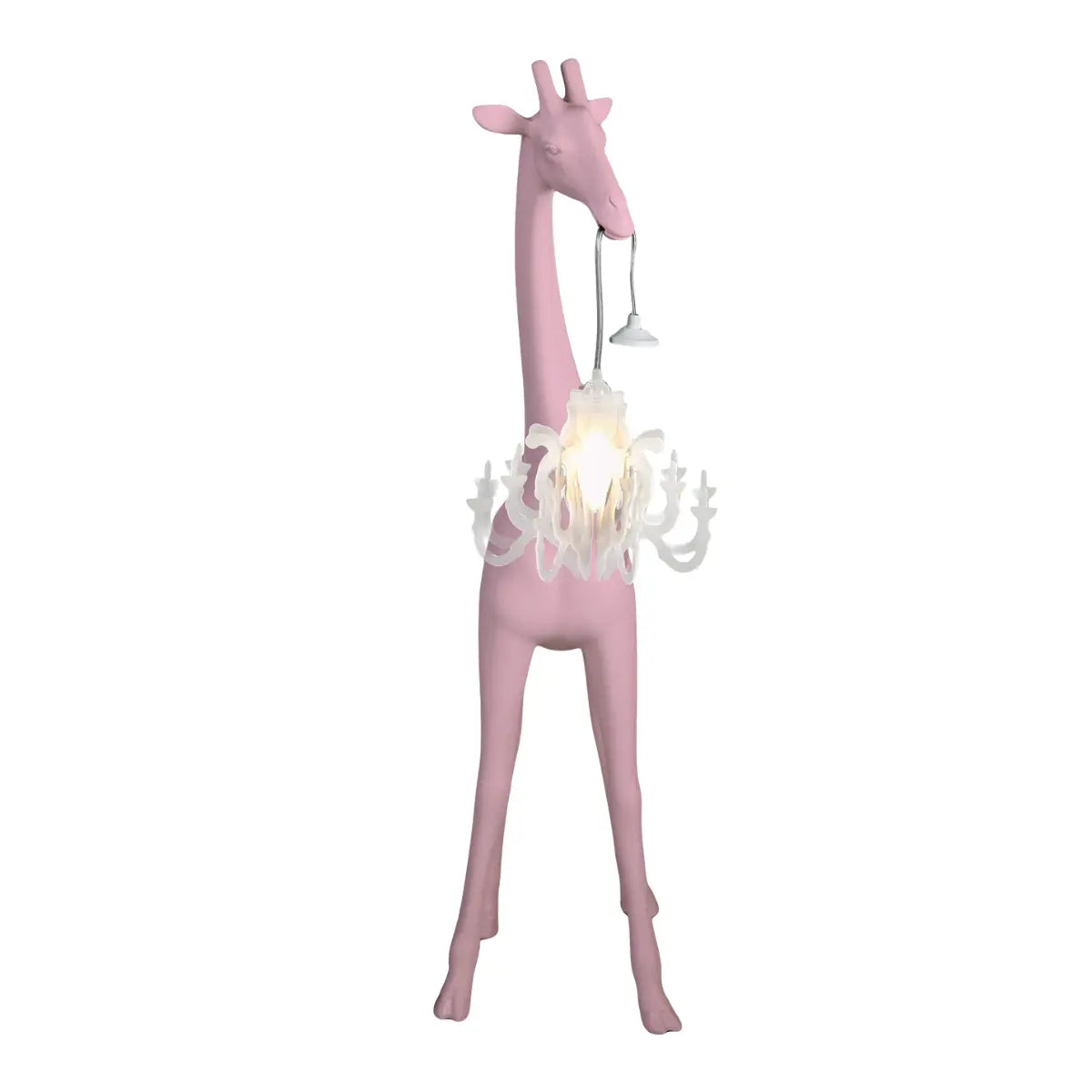 Lampada rosa giraffa di qeeboo, vista frontale su sfondo bianco 