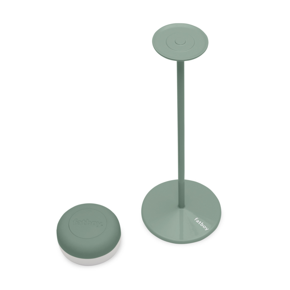 Lampada verde salvia con stelo e lampadina dimerabile staccata. Immagine su sfondo bianco