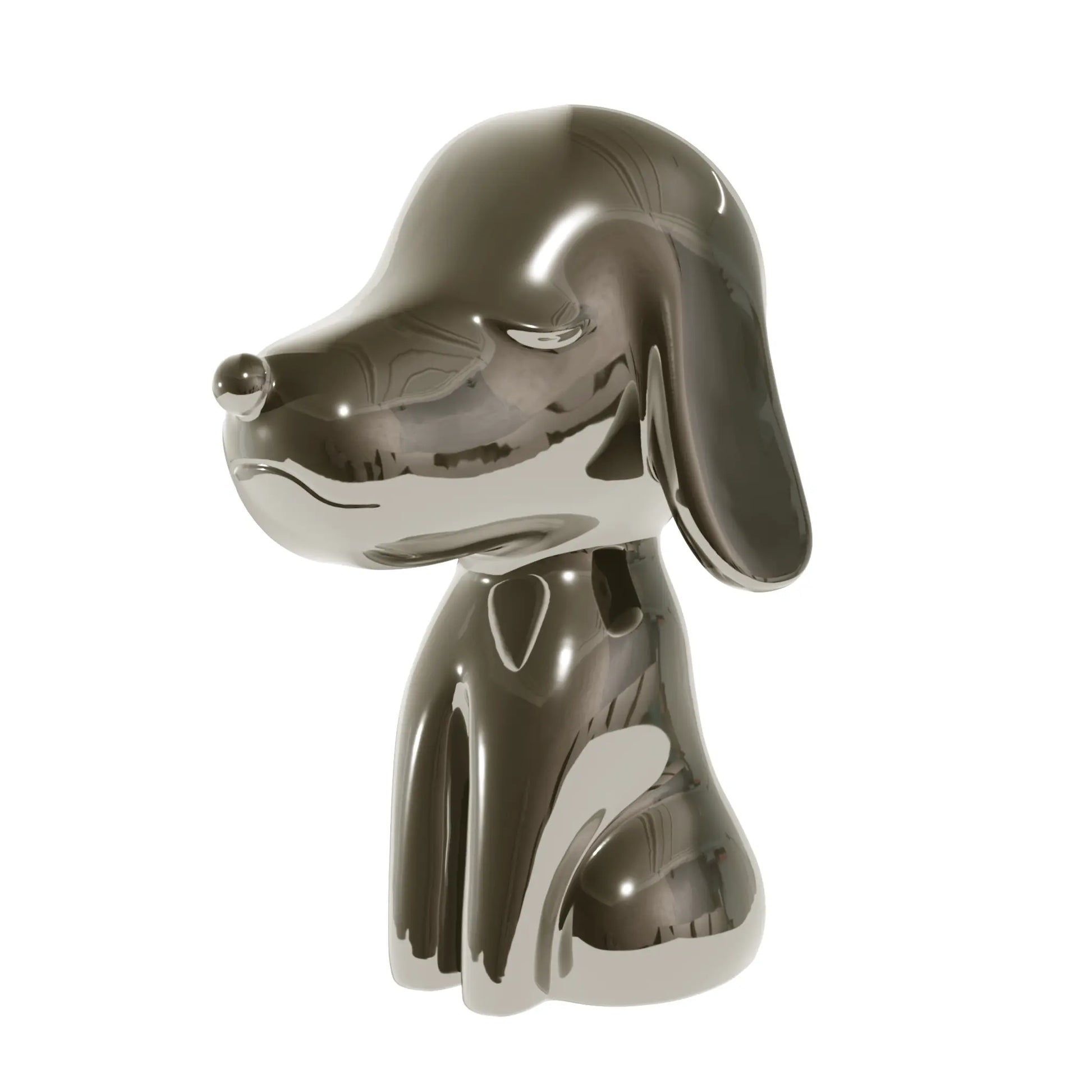 Lato Fronte statua canna di fucile a forma di cane, con occhi naso e bocca. Sfondo bianco