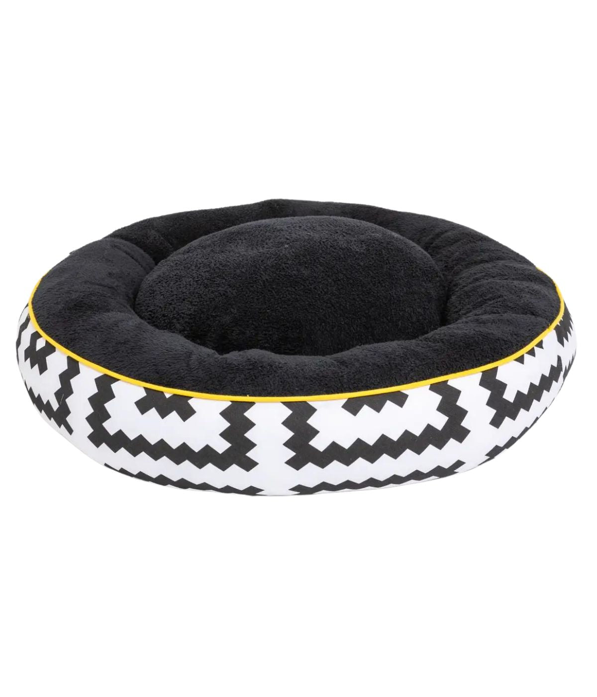 Cuccia per cani e gatti metà decorata metà nera metà zigzag bianco e nero. Sfondo bianco