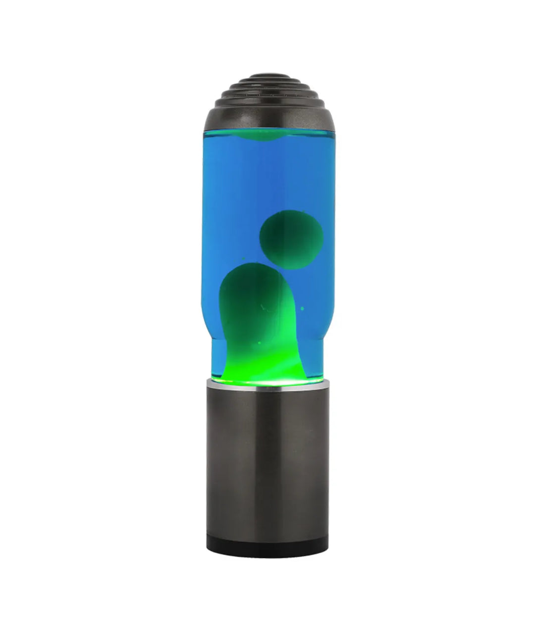 Lava Lamp blu con bolle verdi. Base e tappo in metallo. Immagine su sfondo bianco.