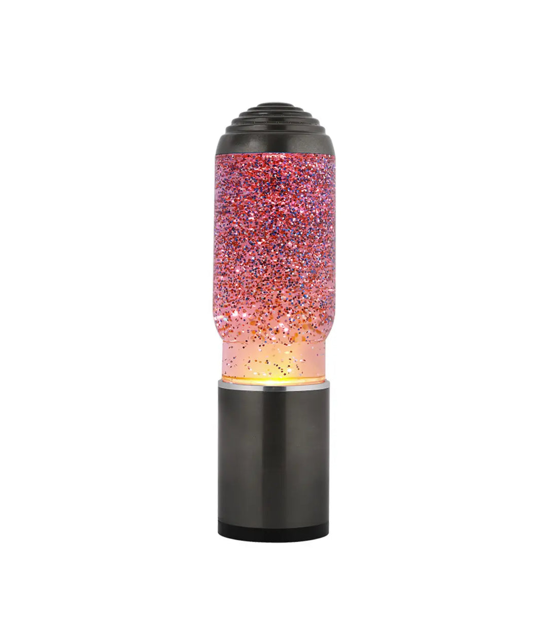 Lava Lamp diffusore con base e tappo grigio. Liquido trasparente con glitter rosa. Sfondo bianco