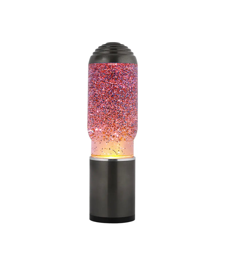 Lava Lamp diffusore con base e tappo grigio. Liquido trasparente con glitter rosa. Sfondo bianco