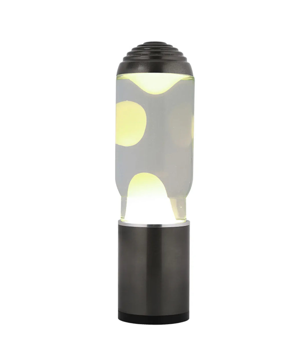 Lava Lamp trasparente e bianca con bolle bianche. Base e tappo in metallo. Sfondo bianco.