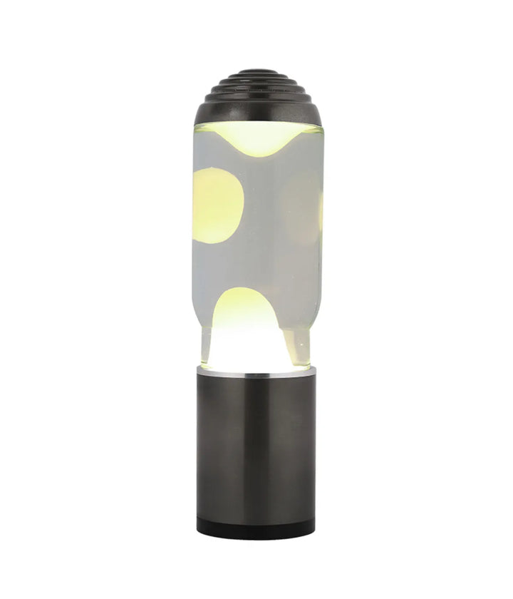 Lava Lamp trasparente e bianca con bolle bianche. Base e tappo in metallo. Sfondo bianco.