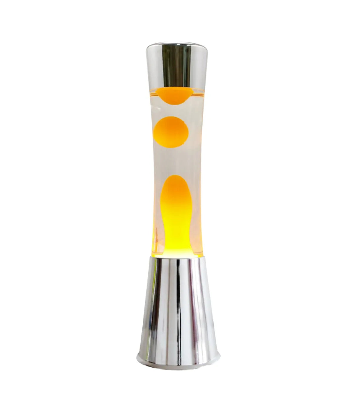 Lava Lamp trasparente con bolle arancioni. Base e tappo in metallo. Sfondo bianco.