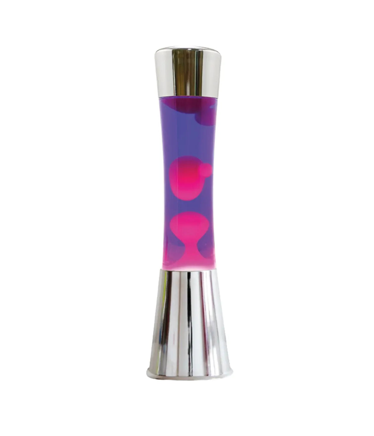 Lava Lamp viola con bolle rosa. Base e tappo in metallo grigio. Sfondo bianco